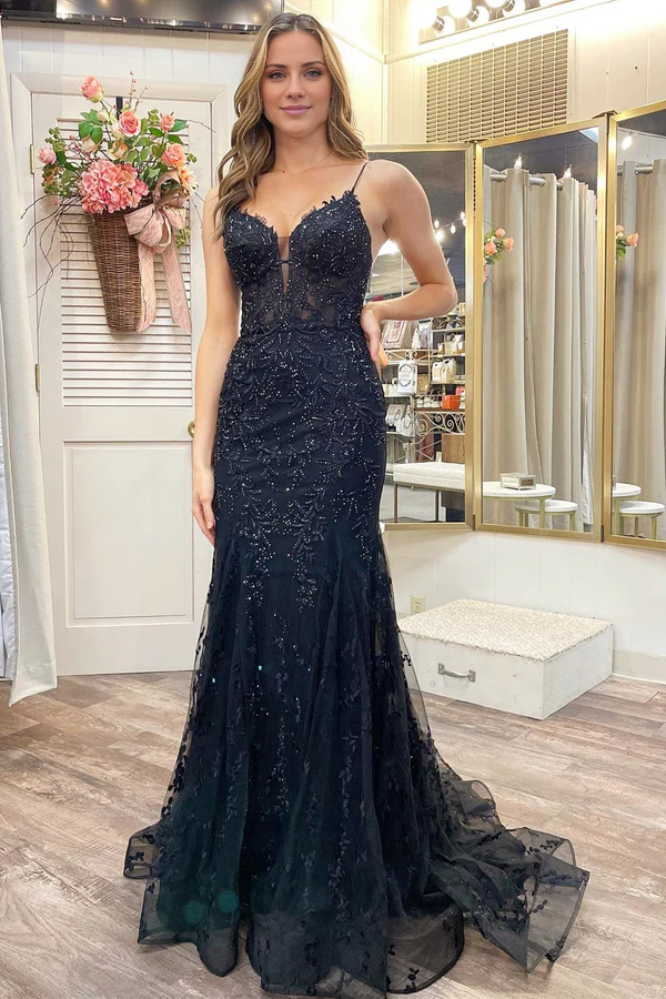 Wholesale Black Prom Dresses Appliques Plunge V Lace-Up Trumpet Prom Gown Evening Dress