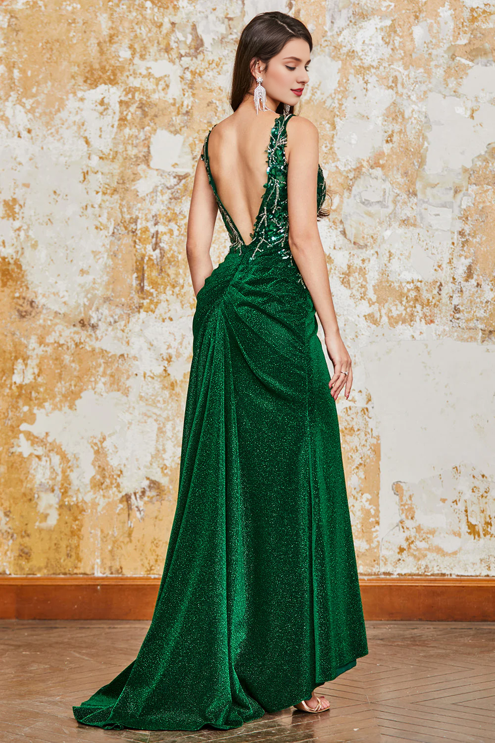 Wholesale Mermaid Evening Dress Sparkly Long Appliqued Prom Dress with Slit Dark Green