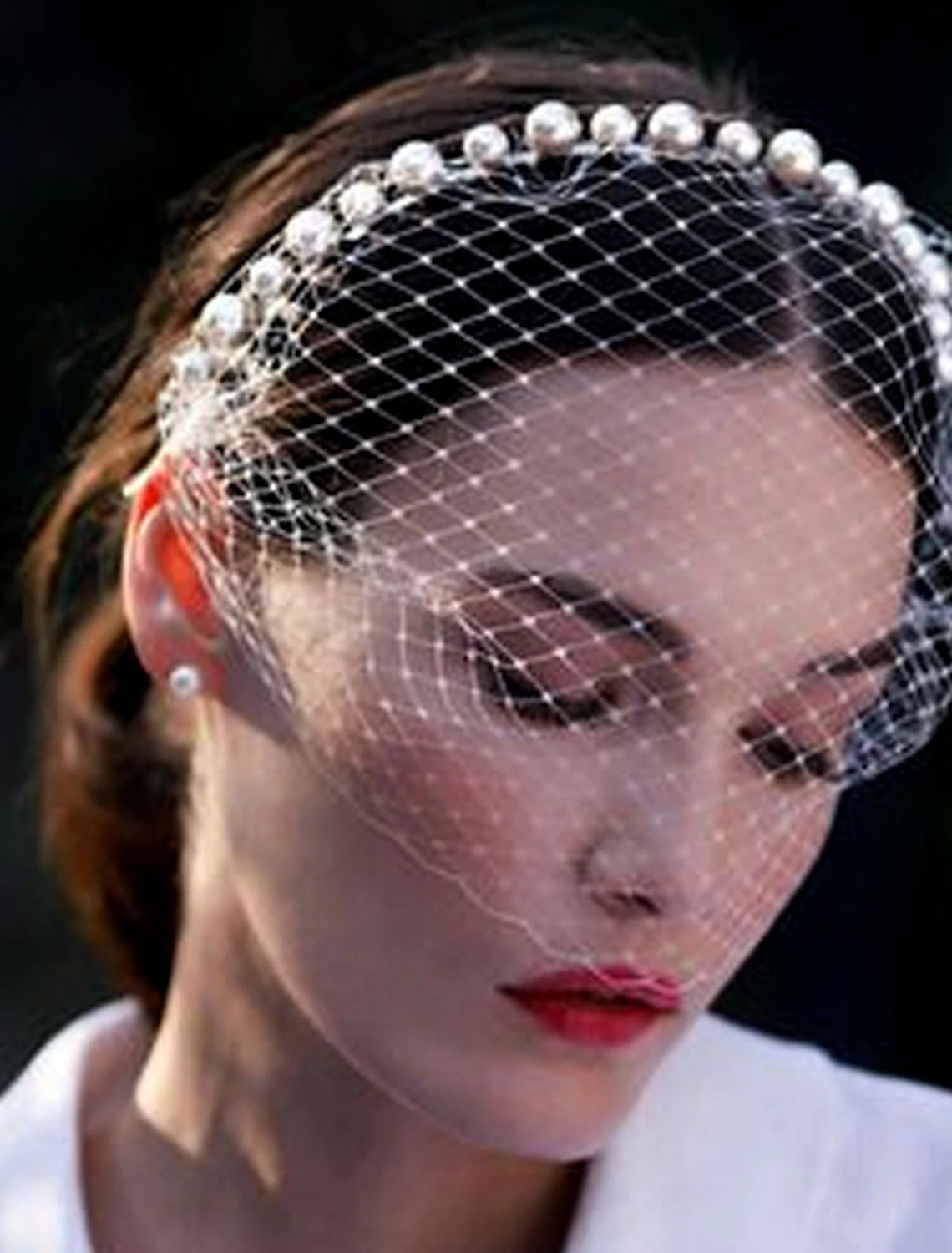 Wholesale One-tier Pearls Wedding Blusher Veils / Birdcage Veils with Faux Pearl Tulle