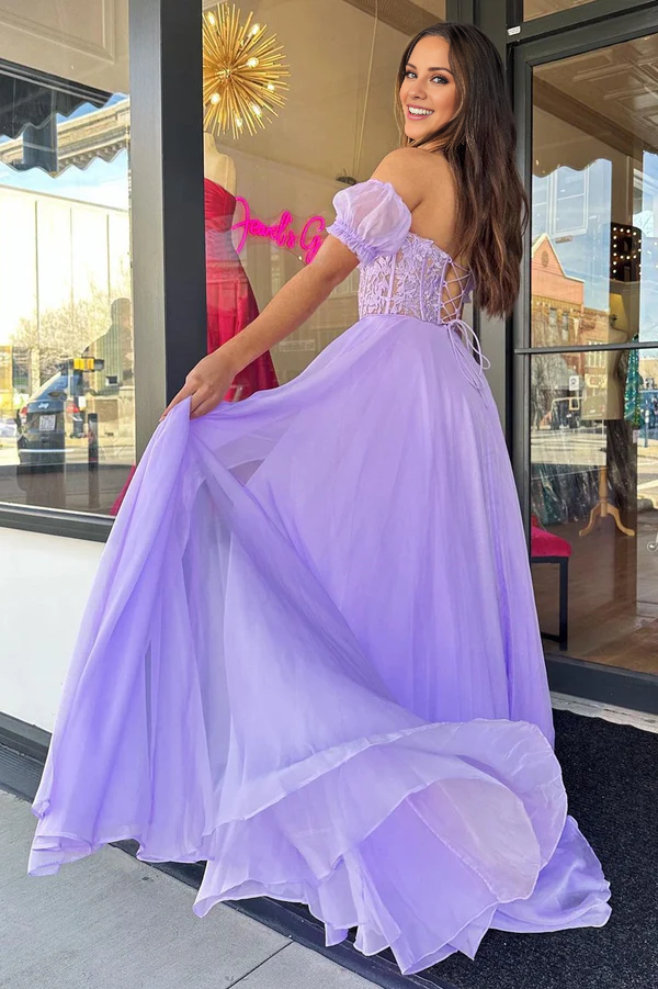 Wholesale Elegant A line Sweetheart Chiffon Prom Dress with Puff Sleeves