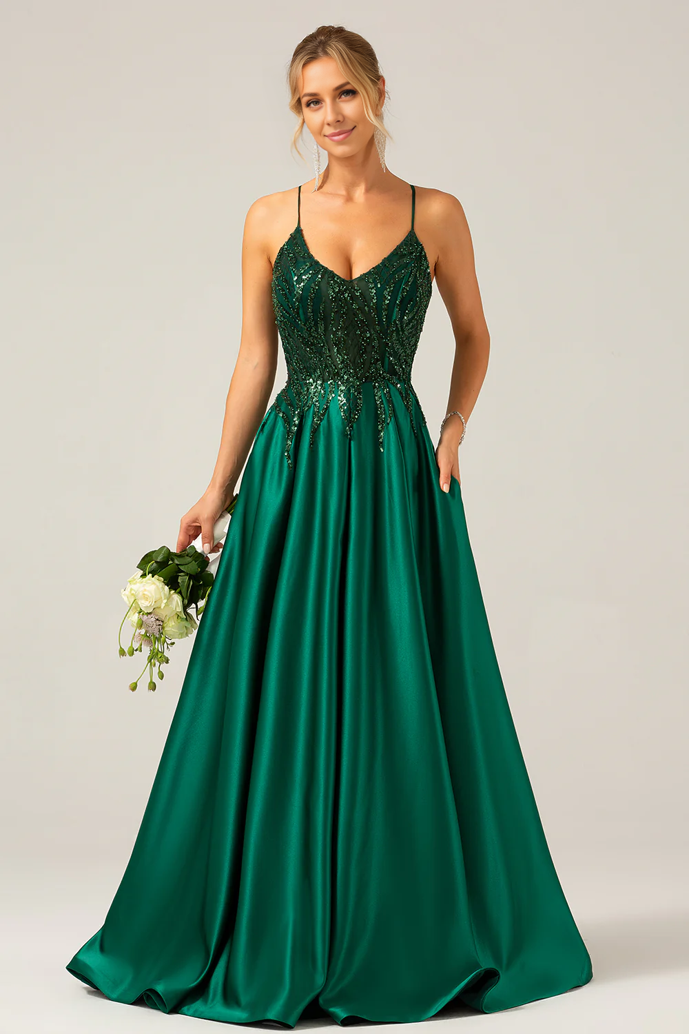 Wholesale A-Line Evening Dress Spaghetti Straps Sequin Long Prom Dress Sparkly Dark Green