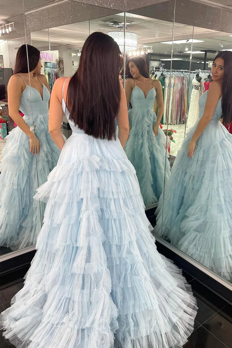 Wholesa Light Blue Spaghetti Straps Tiered Tulle Long Prom Dresses