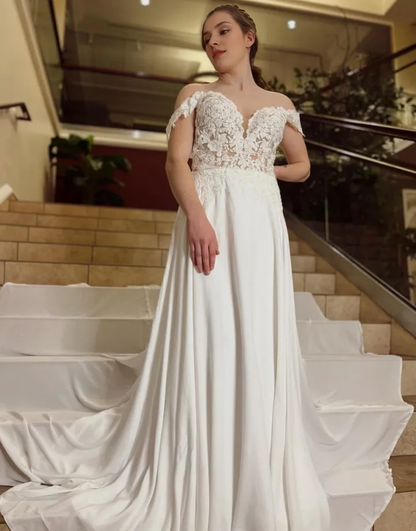 Wholesale A-Line Wedding Dress Off The Shoulder Chapel Train Lace And Satin