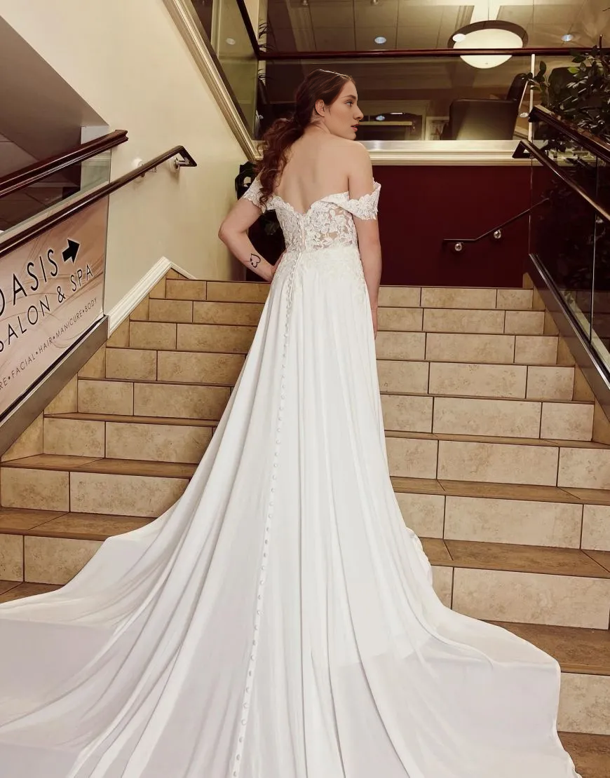 Wholesale A-Line Wedding Dress Off The Shoulder Chapel Train Lace And Satin