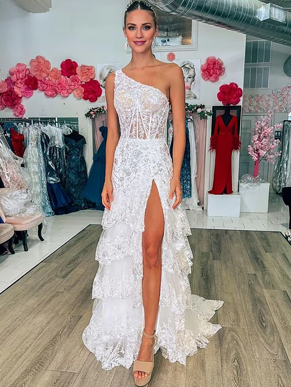 Aimishang Sheath Evening Dress One Shoulder Tiered Lace Long Prom Dress