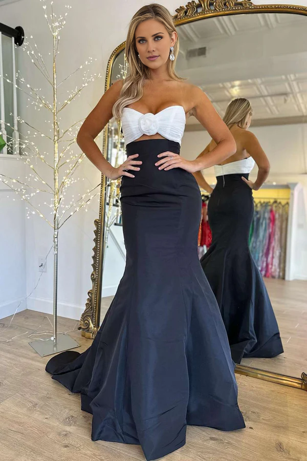 Wholesale Strapless Evening Dress White and Black Ruched Mermaid Prom Dress