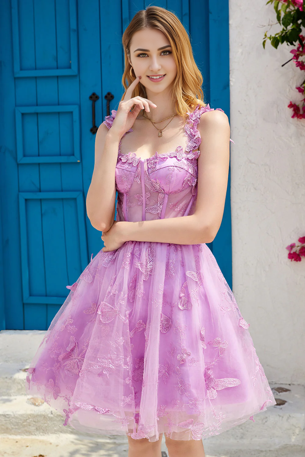 Wholesale Cute A Line Graduation Dresses Corset Short Purple Homecoming Dress with Appliques