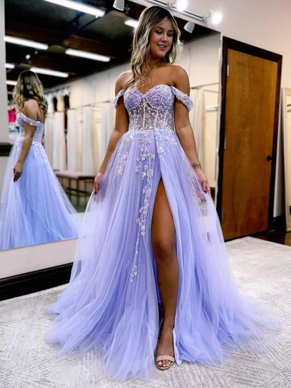 Aimishang A Line Evening Dress Off the Shoulder Lace Tulle Prom Dress With Slit