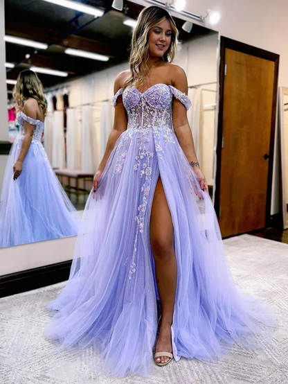 Aimishang A Line Evening Dress Off the Shoulder Lace Tulle Prom Dress With Slit