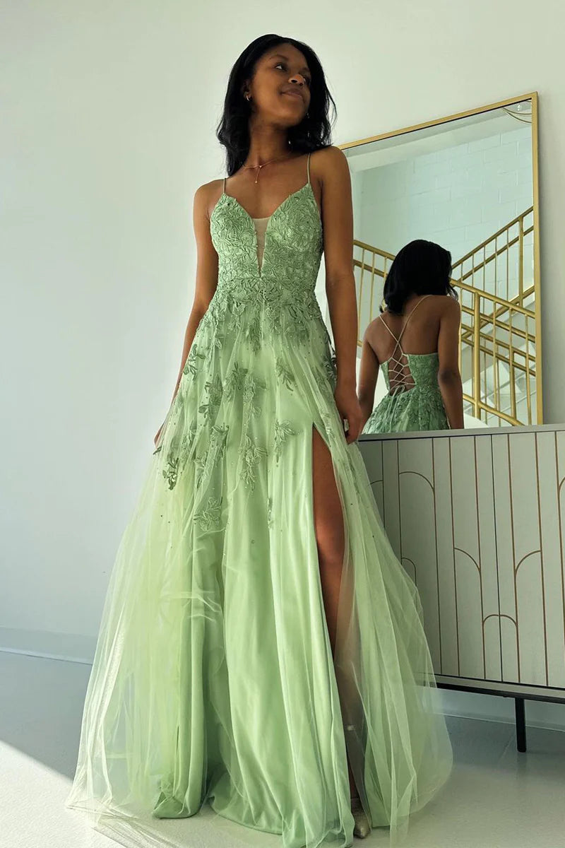 Wholesa Sage Green V Neck Tulle A-Line Long Prom Dresses with Appliques