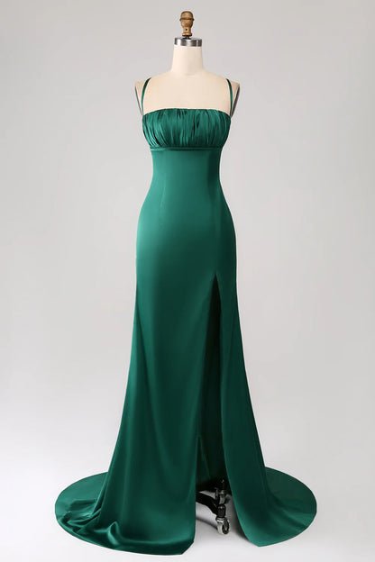 Wholesale Dark Green Mermaid Spaghetti Straps Satin Prom Dress with Pleated