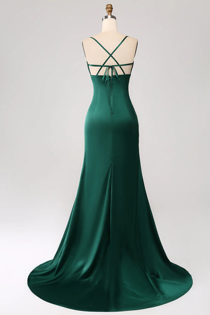 Wholesale Dark Green Mermaid Spaghetti Straps Satin Prom Dress with Pleated