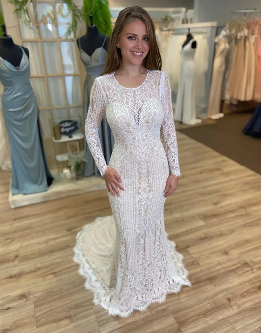 Wholesale Wedding Dress Boho Mermaid Round Neck Long Sleeves Open Back Lace