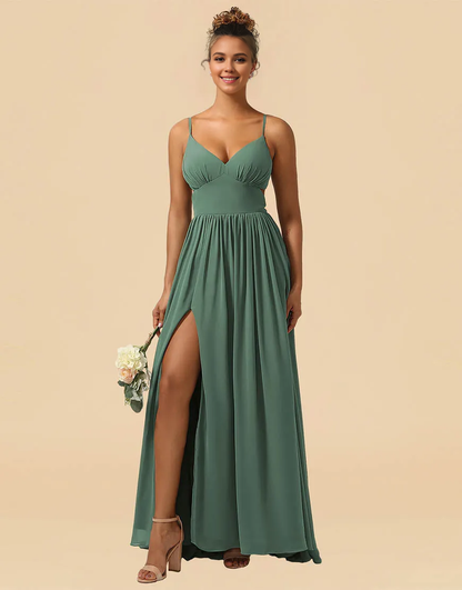 Wholesale A-Line Bridesmaid Dress Spaghetti Straps Floor Length Chiffon with Split