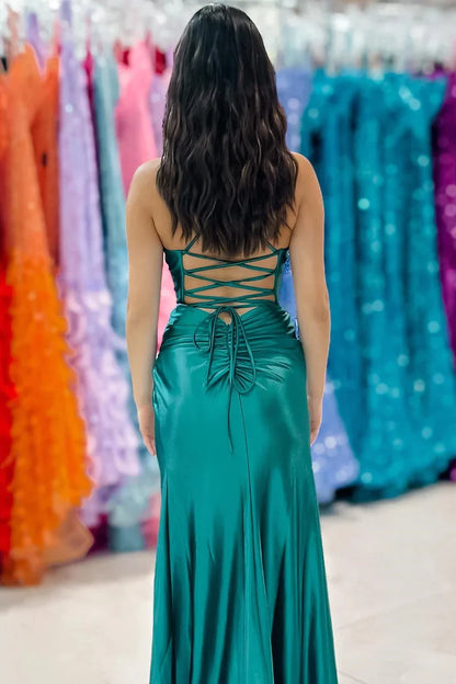 Wholesa Emerald Sweetheart Lace-Up Ruched Long Formal Dress