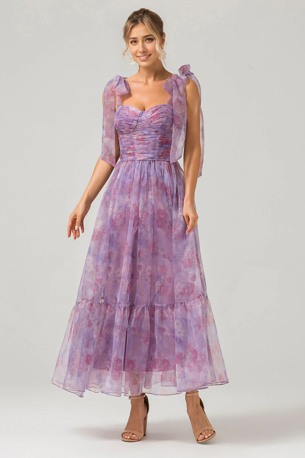 Wholesale Bridesmaid Dress A Line Pleated Printed Tea-Length