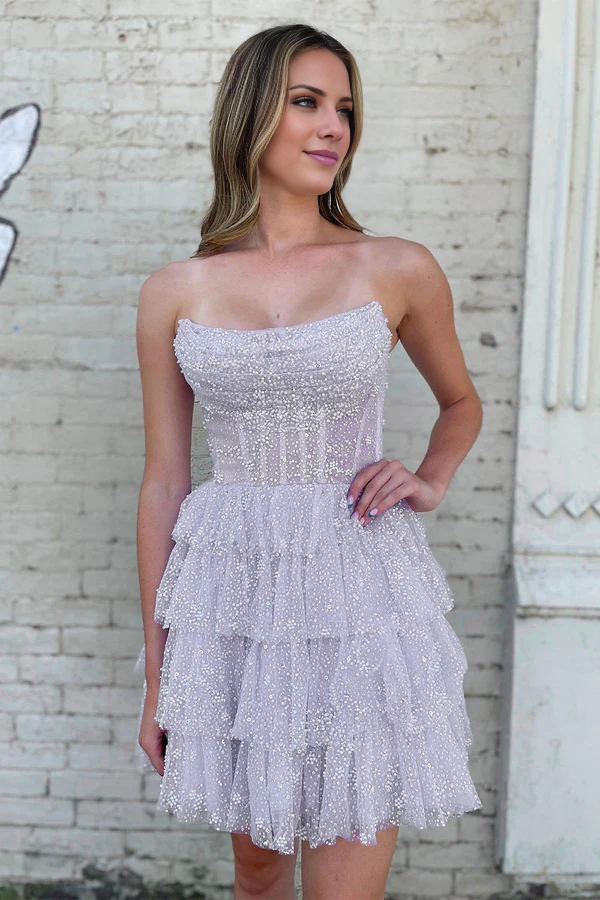 Wholesale A Line Evening Dress Strapless Tiered Homecoming Dress