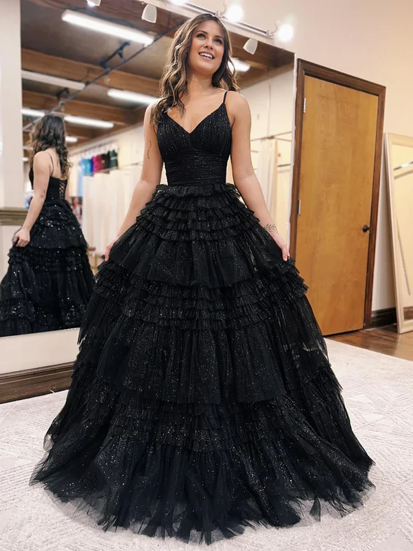 Wholesale A-Line Deep V Neck Tiered Long Glitter Tulle Prom Dress