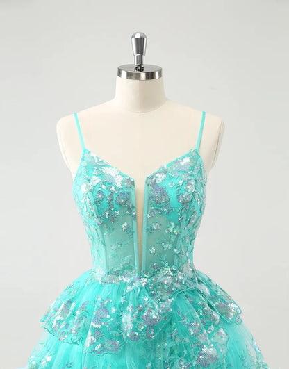 Wholesale Homecoming Dress Glitter A-Line Tiered Sequined Spaghetti Straps