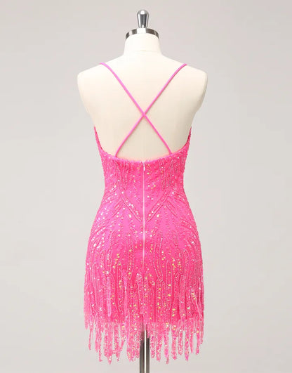 Wholesale Homecoming Dress Glitter Spaghetti Straps Sequined Tight with Tassels