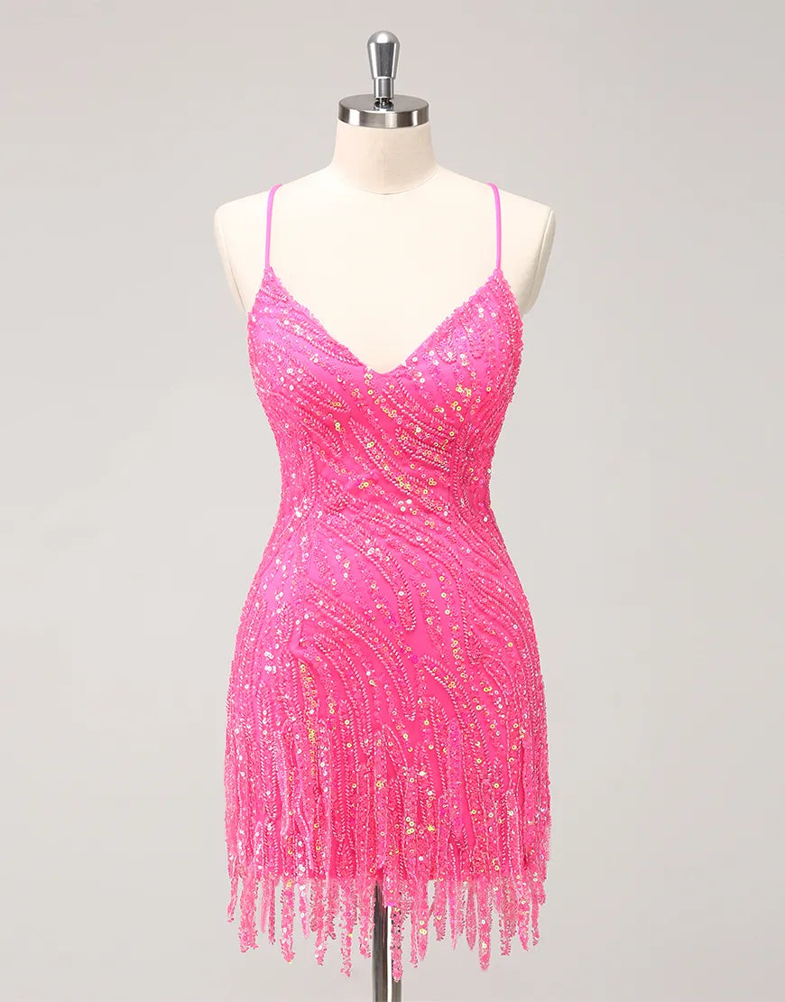 Wholesale Homecoming Dress Glitter Spaghetti Straps Sequined Tight with Tassels