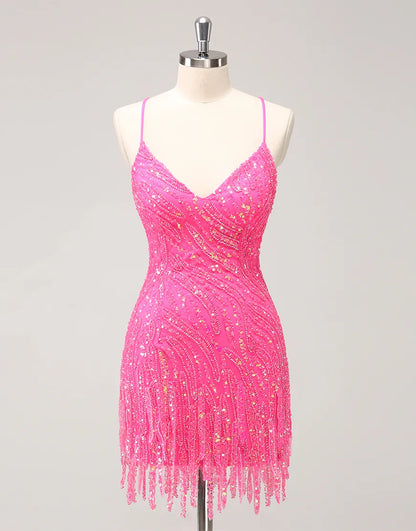 Wholesale Homecoming Dress Glitter Spaghetti Straps Sequined Tight with Tassels