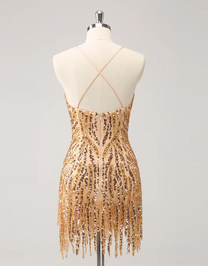 Wholesale Homecoming Dress Glitter Spaghetti Straps Sequined Tight with Tassels