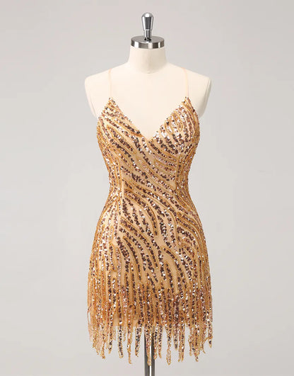 Wholesale Homecoming Dress Glitter Spaghetti Straps Sequined Tight with Tassels