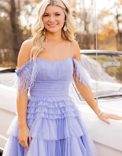 Wholesale A-Line Tiered Homecoming Dress Cold Shoulder with Feathers