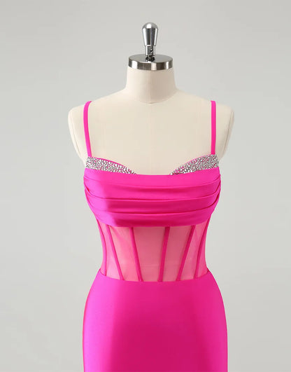 Wholesale Homecoming Dress Glitter Fuchsia Beaded Spaghetti Straps Corset Tight