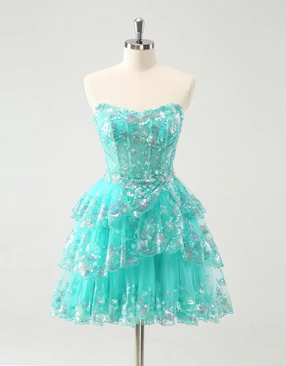 Wholesale Homecoming Dress A-Line Tiered Strapless Sequined