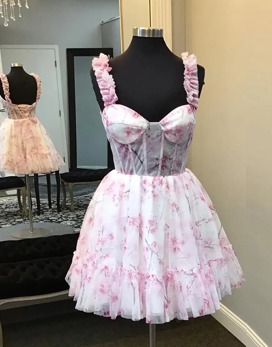 Wholesale Homecoming Dress Floral Prints A-Line Ruffled Straps Corset