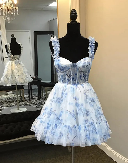 Wholesale Homecoming Dress Floral Prints A-Line Ruffled Straps Corset