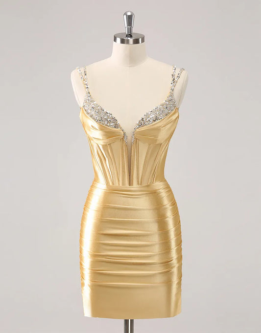 Wholesale Homecoming Dress Glitter Golden Tight Beaed Satin Corset