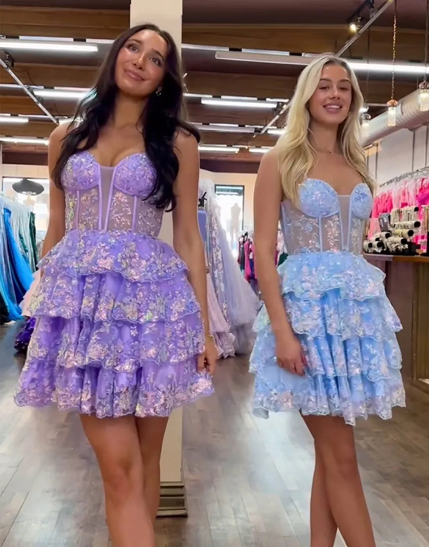 Wholesale Homecoming Dress Glitter A-Line Corset Sequined Tiered