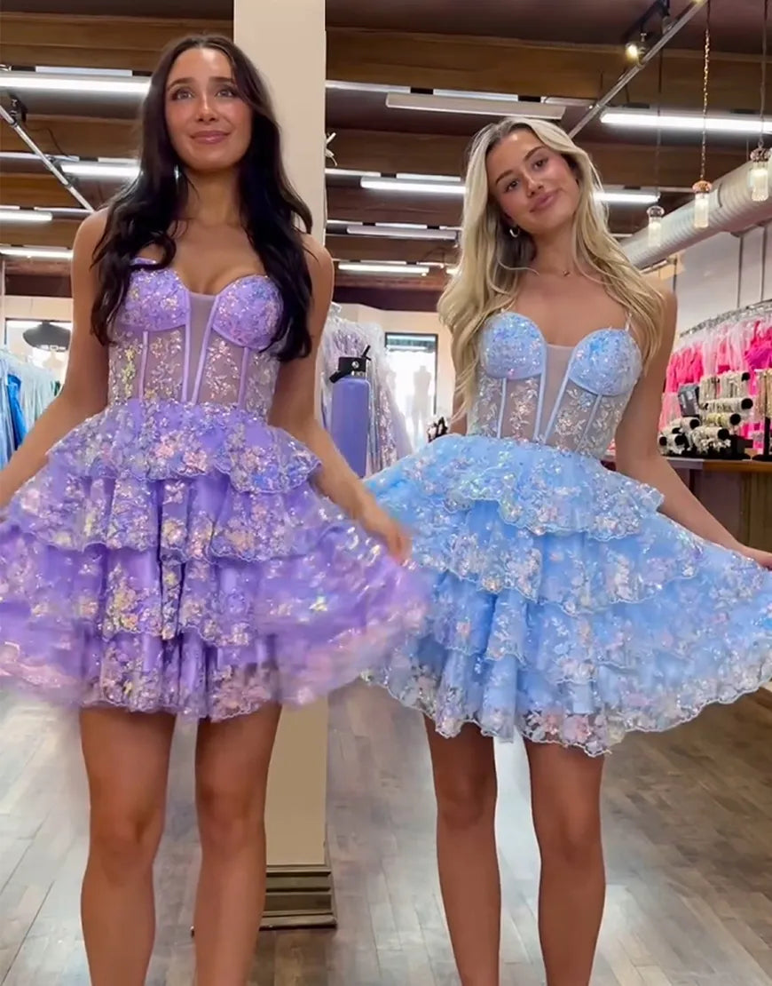 Wholesale Homecoming Dress Glitter A-Line Corset Sequined Tiered