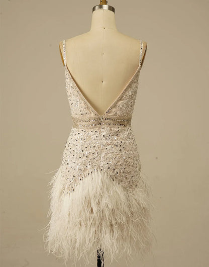 Wholesale Gorgeous White Spaghetti Straps Beaded Homecoming Dress With Feather