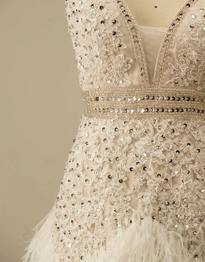 Wholesale Gorgeous White Spaghetti Straps Beaded Homecoming Dress With Feather