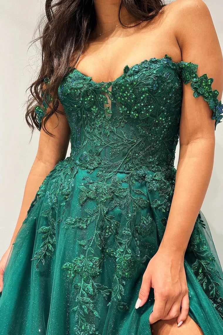 Wholesa Glitter Emerald Appliques Off-the-Shoulder A-Line Long Prom Dress