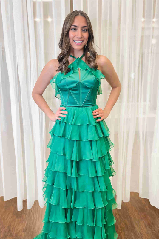 Wholesale Elegant Evening Dress Halter Keyhole Ruffle Tiered Prom Dress with Slit