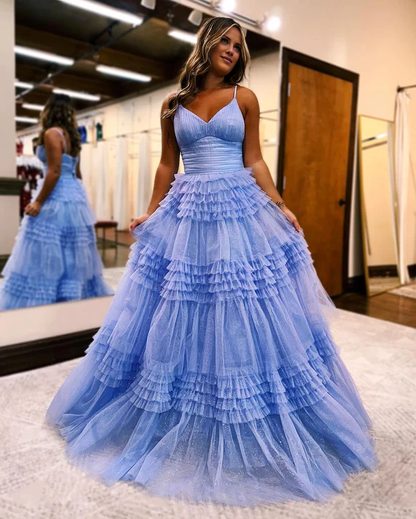 Wholesale A-Line Deep V Neck Tiered Long Glitter Tulle Prom Dress