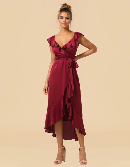 Wholesale Bridesmaid Dress Asymmetrical V-Neck Satin With Ruffle