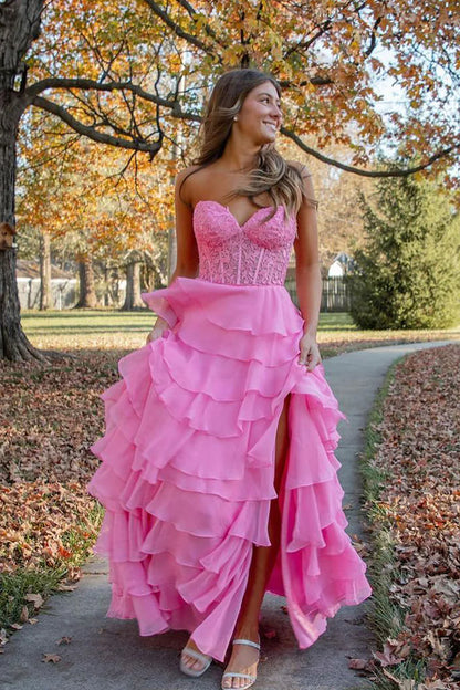 Wholesa Pink Sweetheart Tiered A-Line Long Prom Dress with Appliques