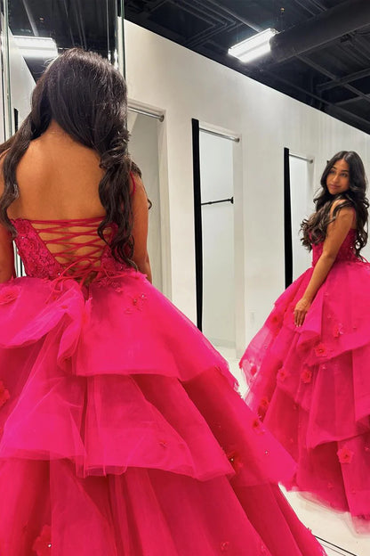 Wholesa Fuchsia Sweetheart Tiered Tulle Ball Gown Prom Dresses with Appliques