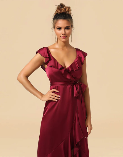 Wholesale Bridesmaid Dress Asymmetrical V-Neck Satin With Ruffle