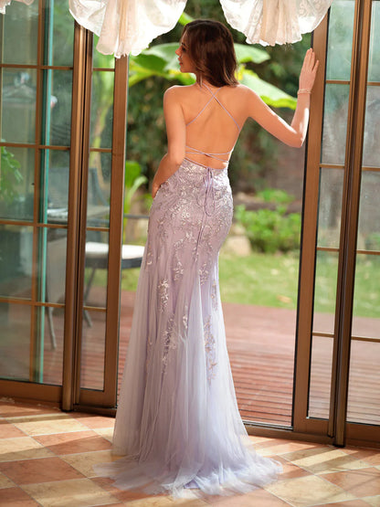 Wholesa Trumpet/Mermaid Spaghetti Straps Applique Tulle Long Prom Dresses