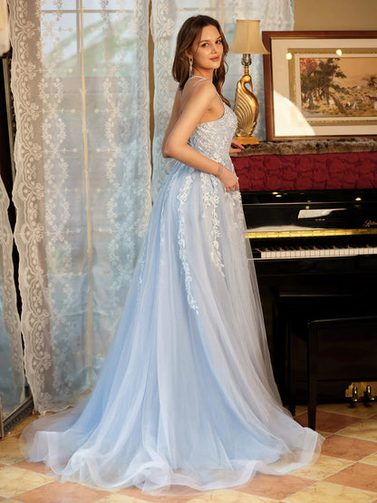 Wholesa A-Line/Princess Tulle Spaghetti Straps Applique Long Prom Dresses