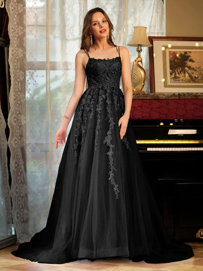 Wholesa A-Line/Princess Tulle Spaghetti Straps Applique Long Prom Dresses