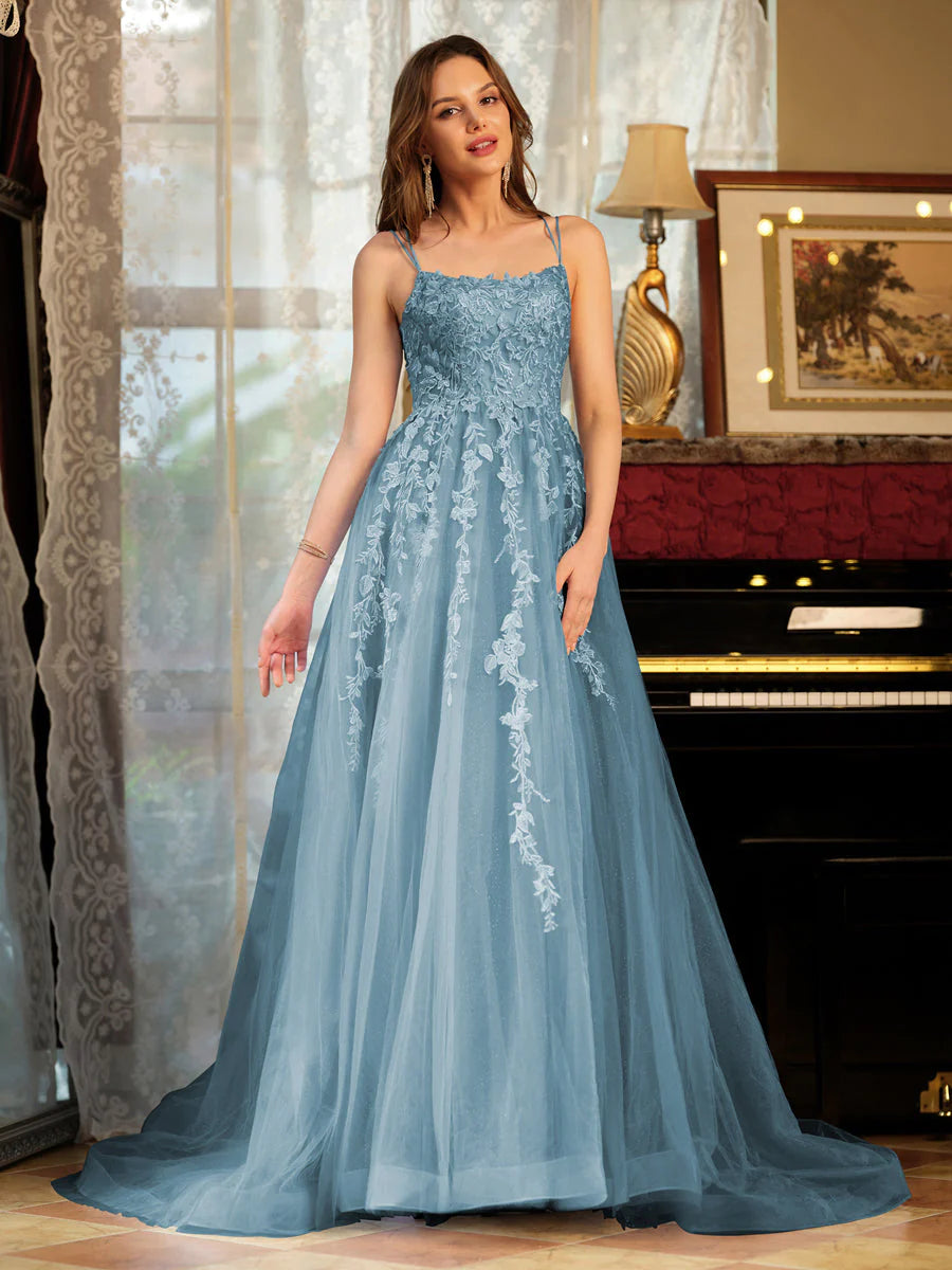 Wholesa A-Line/Princess Tulle Spaghetti Straps Applique Long Prom Dresses