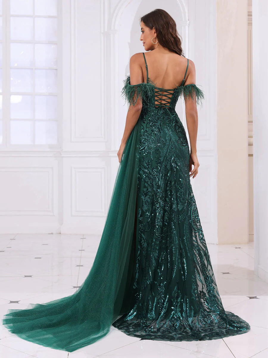 Wholesa  A-Line/Princess Spaghetti Straps Long Prom Dresses With Feather